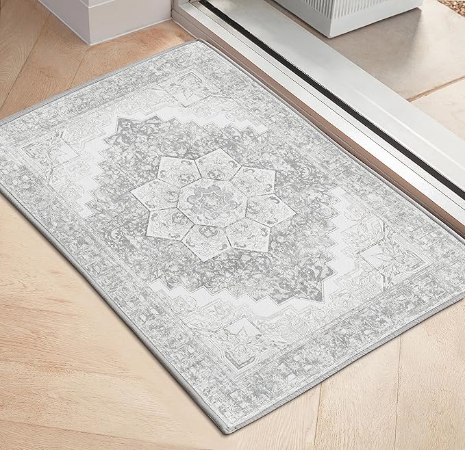 Washable Area Rug 2x3 Boho Entryway Rug Non Slip Small Vintage Rug for Entryway Door Mat Oriental Distressed Low-Pile Floor Carpet Rug for Indoor Front Entrance Kitchen Bathroom Hallway, Grey