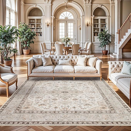10x10 Rug Square Living Room, Bedroom Washable 10ft Square Soft Distressed Oriental Area Rugs Non Slip Backing Farmhouse Rug Low Pile Thin Stain Resistant Indoor Carpets, 10ft Ivory/Multi