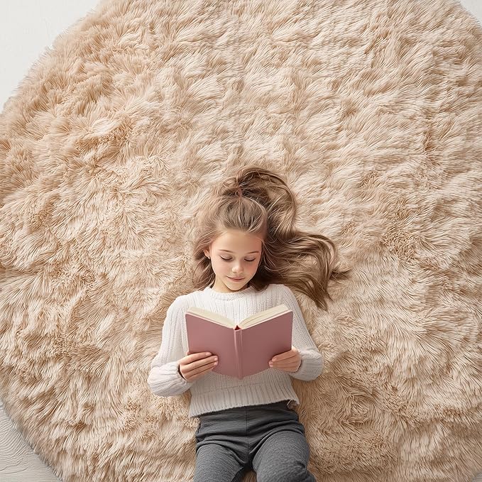OLANLY Beige Round Rugs for Bedroom - Machine Washable, 6x6 Feet Circle Area Rugs for Living Room, Soft and Fluffy Shaggy Carpet for Teen Girls and Boys, Dorms, Nursery Rooms, Home Decor Aesthetic