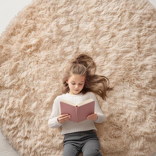 OLANLY Beige Round Rugs for Bedroom - Machine Washable, 6x6 Feet Circle Area Rugs for Living Room, Soft and Fluffy Shaggy Carpet for Teen Girls and Boys, Dorms, Nursery Rooms, Home Decor Aesthetic