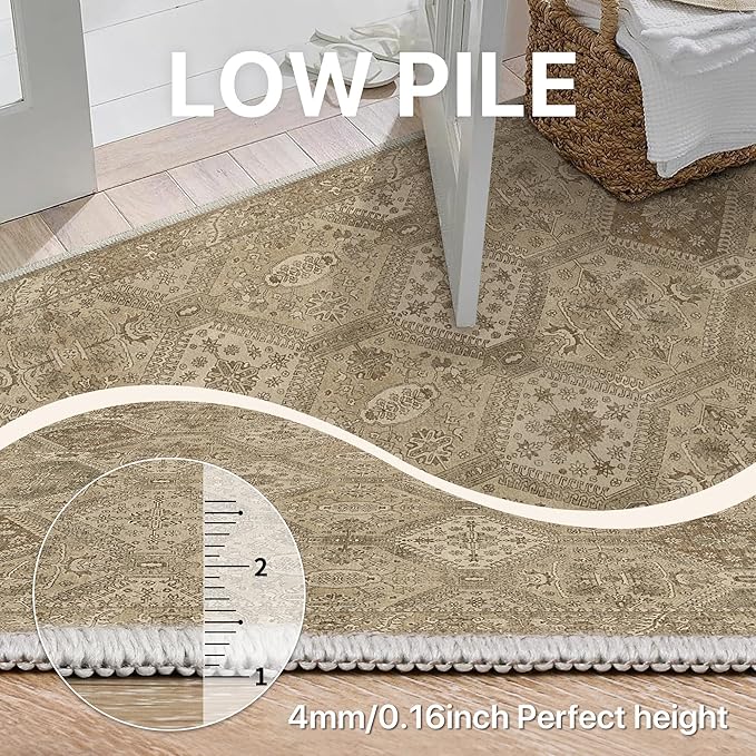 Bavni 10x14 Area Rugs for Living Room, Machine Washable Rug Non Slip, Vintage Chenille Distressed Print Carpet, Large Low Pile Ultra-Thin Lightweight Rugs for Bedroom, Dining Room, Office, Nut Brown