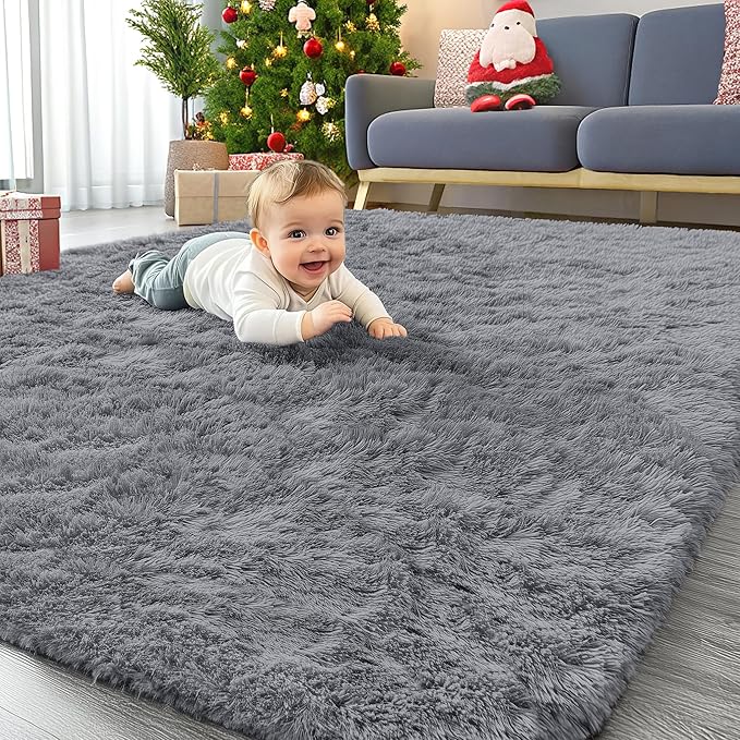 OLANLY Area Rugs for Living Room Bedroom, Machine Washable 4x5.9 Feet Soft Fluffy Shaggy Bedside Rug, Indoor Floor Carpet for Kids Girls Boys, Dorms, Nursery Rooms, Home Decor Aesthetic, Light Grey