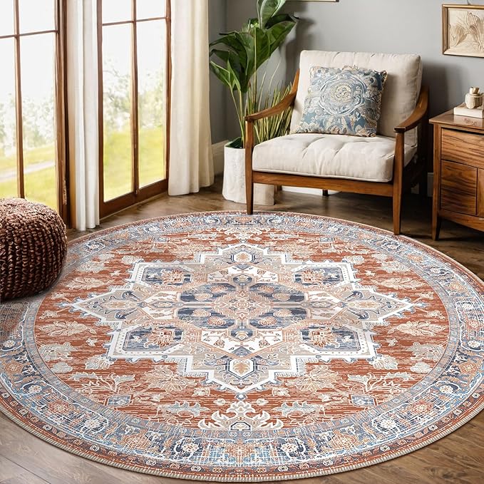 BESTSWEETIE 6ft Area Rugs for Living Room Washable Non Slip Carpet Low Pile Soft Vintage Print Pattern Rug for Bedroom Dining Room Kitchen Entryway Indoor-Brick/Blue/Light Ivory
