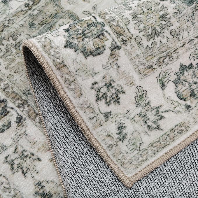 10x12 Neutral Area Rug Green Floral Living Room Bedroom Large Carpet Low Pile Vintage Non-Slip Soft Thin Washable Throw Rug for Dining Room Office Kitchen Indoor Nursery
