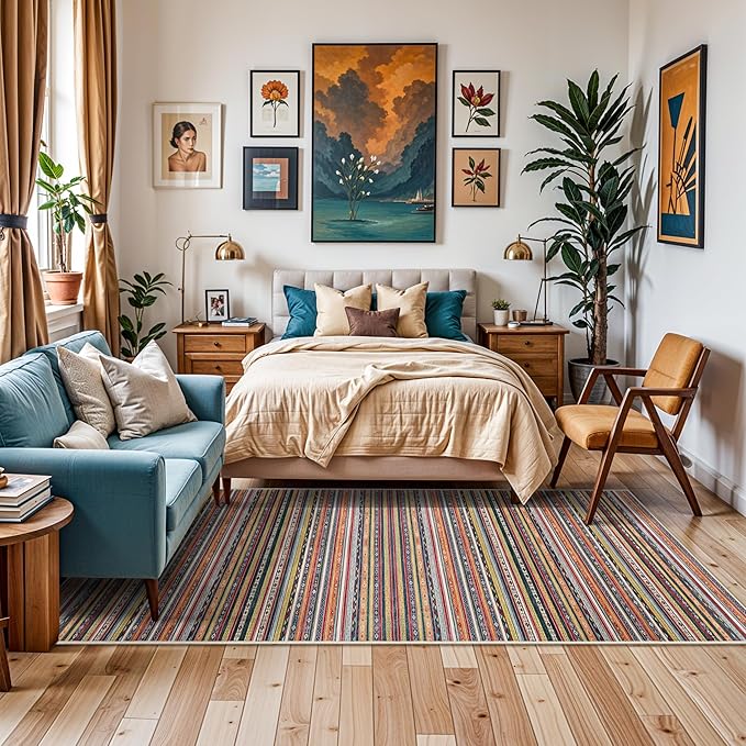 4x10 Rug Washable Living Room: Non-Slip Southwestern Striped Runner for Kitchen Hallway Entry - Farmhouse Low Pile Stain Resistant Long Thin Floor Carpet 4x10 Red/Blue/Multi