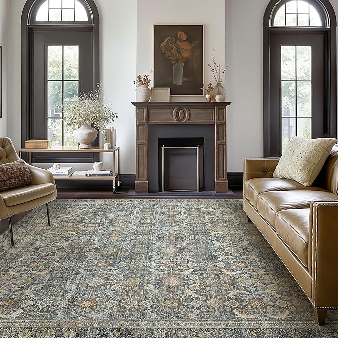 10X12 Area Rugs Machine Washable Rugs for Living Room, Vintage Boho Large Rugs for Bedroom Dining Room, Non Slip Indoor Soft Distressed Lightweight Thin Low Pile Carpet, Terracotta