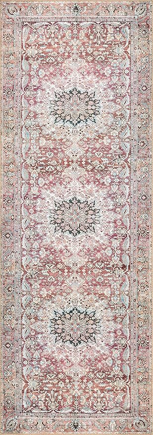 Loloi II Wynter Collection WYN-05 Tomato/Teal 2'-6" x 7'-6", .13" Thick, Runner Rug, Soft, Durable, Printed, Vintage Inspired, Low Pile, Non-Shedding, Easy Clean, Living Room Rug