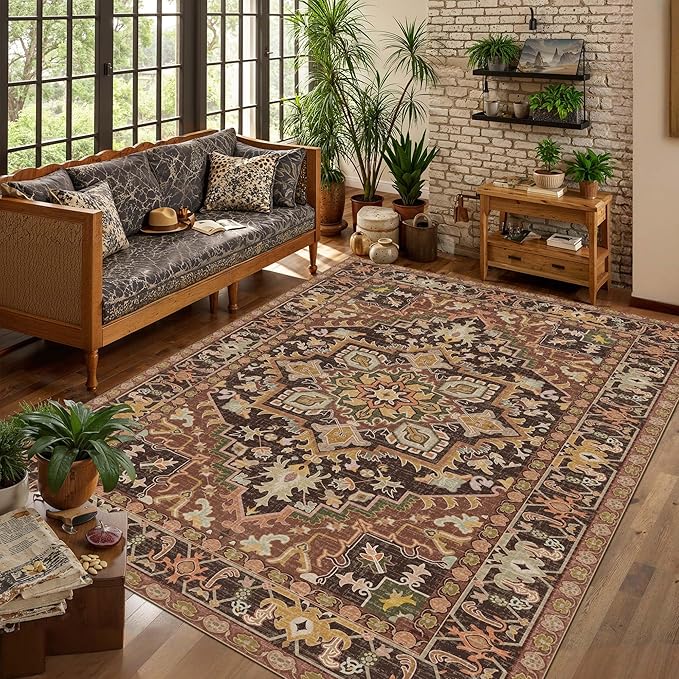 Kokia Washable Area Rugs 9x12 Living Room Boho Non Slip Thin Carpet Stain Resistant Vintage Brown Printed Oriental Distressed Rug for Bedroom Low Pile