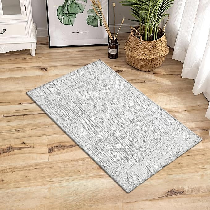 RYB HOME Machine Washable 2x3 Jacquard Door Rug, Non Slip 3D Textured Abstract Jacquard Carpet for Entry Door, None Shedding Area Rug for Kitchen Bathroom Hallway, Grey