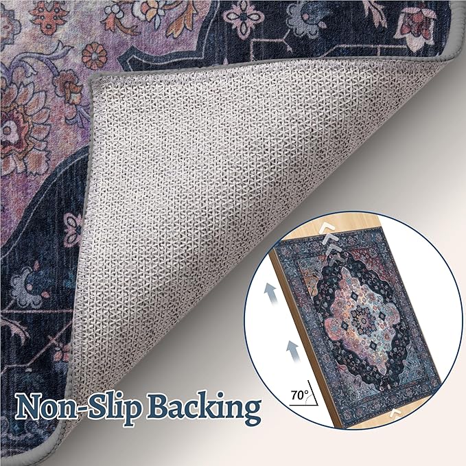 2x10 Washable Runner Rug for Hallways, Non Slip Vintage Runner Soft Low Pile Long Rug Runner, Print Distressed Navy/Mlulti Carpet Runners for Kitchen Bedroom Entryway Bathroom Living Room