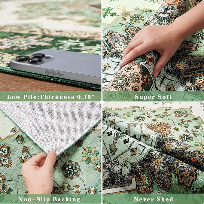 Noahas Green Hallway Runner Rug 2x6,Vintage Machine Washable Kitchen Runner Area Rugs with Rubber Backing Non Slip Print Carpet for Hallways,Entryway,Laundry Room,Bathroom,Home Decor