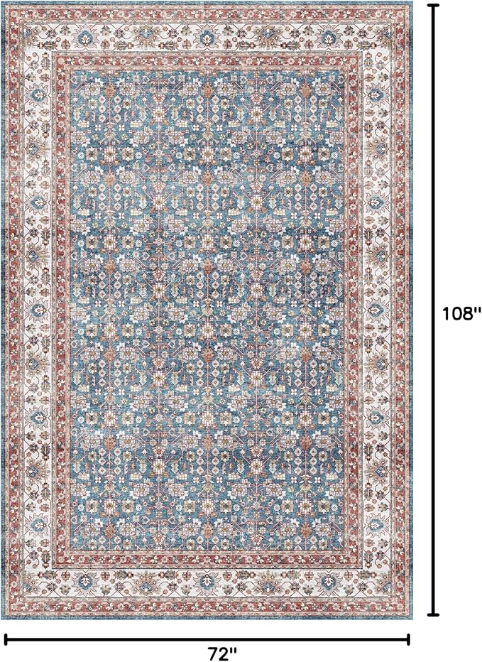 Dripex 6x9 Area Rugs, Machine Washable Non Slip Distressed Boho Rugs, Area Rug for Living Room, No Pile Lightweight Vintage Rug, Soft Accent Carpet for Dining Room,Bedroom,Blue and Red