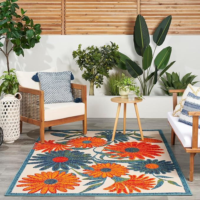 Nourison Aloha Indoor-Outdoor Modern Ivory Multicolor 6' x 9' Area Rug, Easy Cleaning, Non Shedding, Bed Room, Living Room, Dining Room, Backyard, Deck, Patio (6x9)