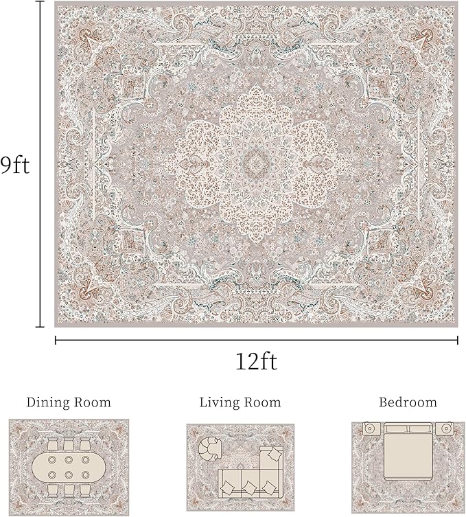 9x12 Rug, Washable Neutral Boho Modern Vintage Non Slip Floral Area Carpet, Low Pile Soft Rugs, Slip Resistance, Pet-Friendly, Durable Rug for Living Room, Bedroom, Kitchen, Dining Room
