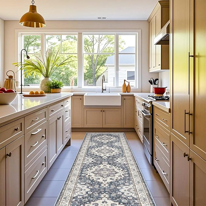 Washable 3x12 Hallway Runner Rug: Oriental Non-Slip Rugs for Entryway Living Room Floral Stain Resistant Long Kitchen Bathroom Carpets Accent Low Pile Floor Mat for Dining Room Bedroom (3x12,Blue)
