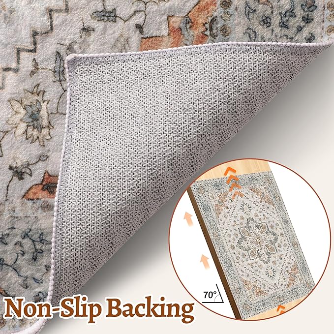 2.6x8 Washable Runner Rug for Hallways, Non Slip Vintage Runner Rugs, Soft Low Pile Long Rugs Print Distressed Taupe Carpet Runners for Kitchen Bedroom Entryway Bathroom Living Room