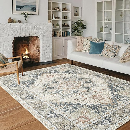 Washable Area Rugs 8x10 Living Room Boho Non Slip Thin Carpet Stain Resistant Vintage Linen Printed Oriental Distressed Rug for Bedroom Low Pile