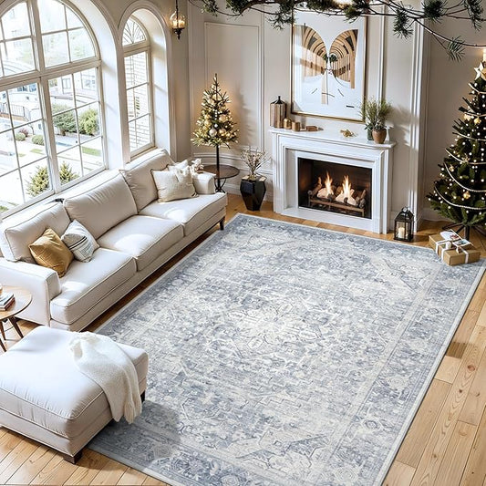Washable Rugs 8x10 Area Rugs, Soft Vintage Living Room Rug with Anti-Skid Backing Stain Resistant Thin Indoor Carpet Large Area Rug for Bedroom Under Dining Room Table Nursery Entryway-Blue