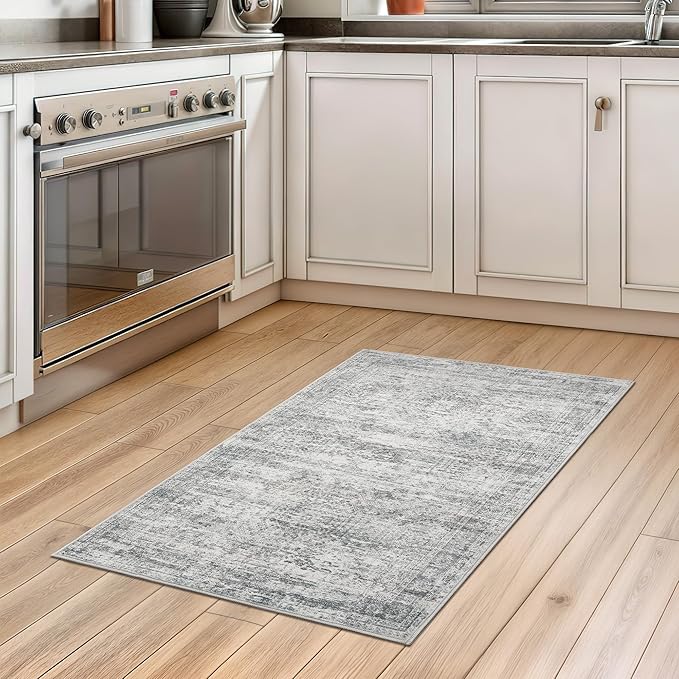 2x3 Washable Rugs for Kitchen, Floor, Entryway, Powder Room Small Area Rug Non-Slip Vintage Low Pile Throw Door Mat Grey