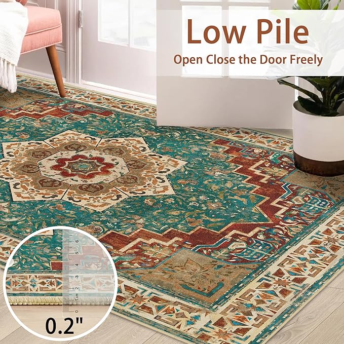 Washable Area Rug 3x5 Boho Entryway Rug Non Slip Soft Teal Rust Vintage Kitchen Rug Oriental Distressed Living Room Bedroom Rugs Indoor Floor Carpet for Bathroom Dining Room Office Entrance