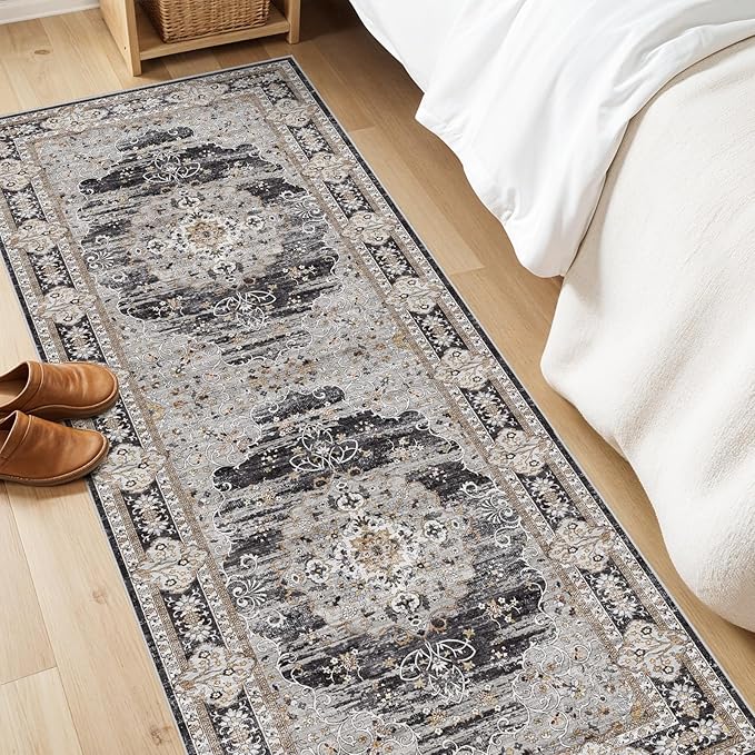 2x6 Runner Rug for Hallway Washable: Non Slip Kitchen Rugs with Rubber Backing Soft Waterproof Mats Stain Resistant Indoor Vintage Carpet Runner for Bedroom Bathroom Laundry Entryway Black/Gray