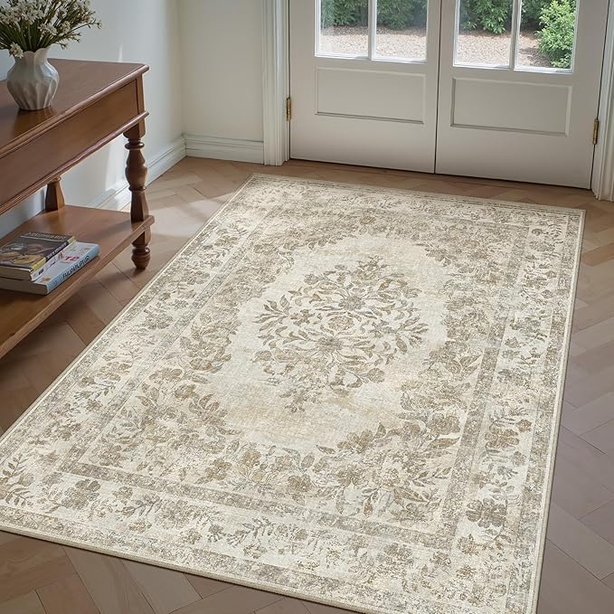 3x5 Area Rug Beige Washable Office Vintage Distressed Carpet Bedroom Indoor Medallion Floral Living Room Non Slip Retro Throw Floor Mat for Dining Room Kitchen Bathroom
