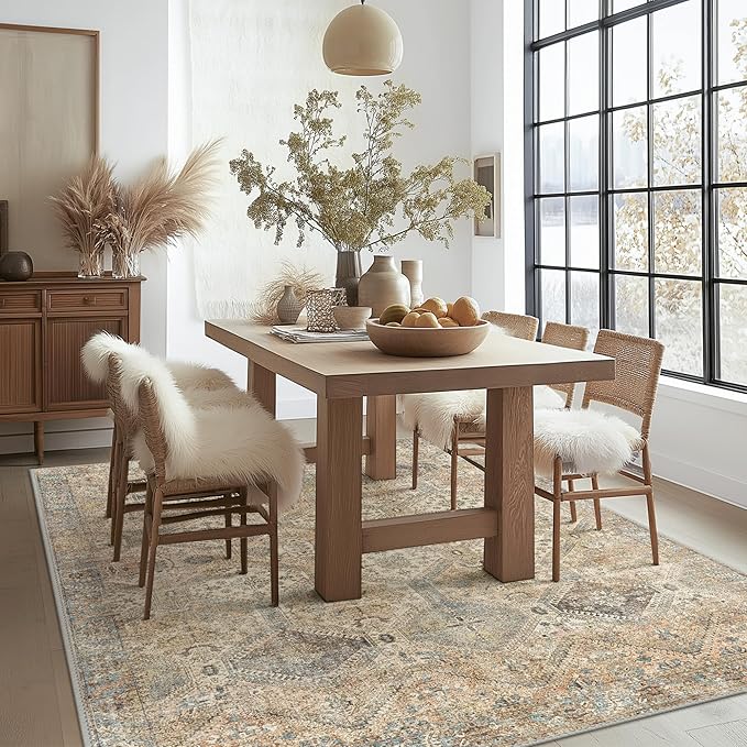 Bavni 10x14 Area Rugs for Living Room, Machine Washable Rug Non Slip, Vintage Chenille Distressed Print Carpet, Large Low Pile Ultra-Thin Lightweight Rugs for Bedroom, Dining Room, Office, Wood Brown
