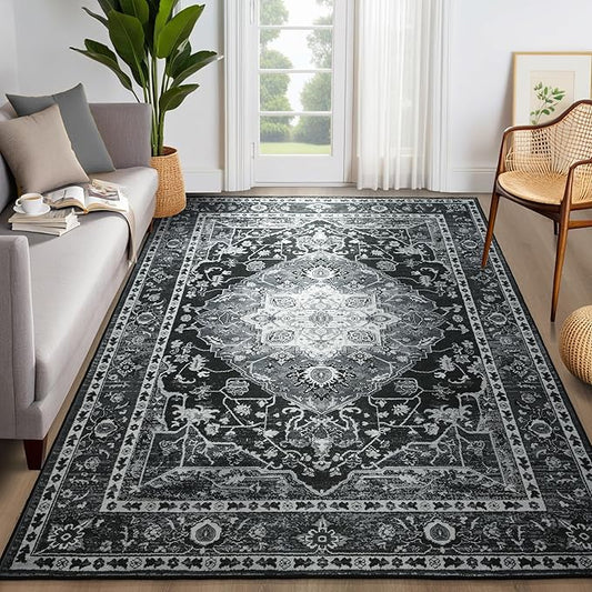 YJ.GWL Large Area Rug for Living Room, 5x7 Machine Washable Boho Rug for Bedroom, Low Pile Lightweight Thin Rugs Floral Vintage Distress Print Pattern Carpet for Dining Room, Navy Blue