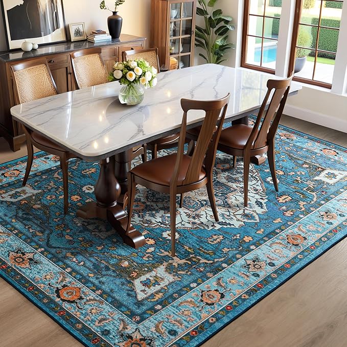 YJ.GWL Large Area Rug for Living Room, 5x7 Machine Washable Boho Rug for Bedroom, Low Pile Lightweight Thin Rugs Floral Vintage Distress Print Pattern Carpet for Dining Room, Blue/Multi