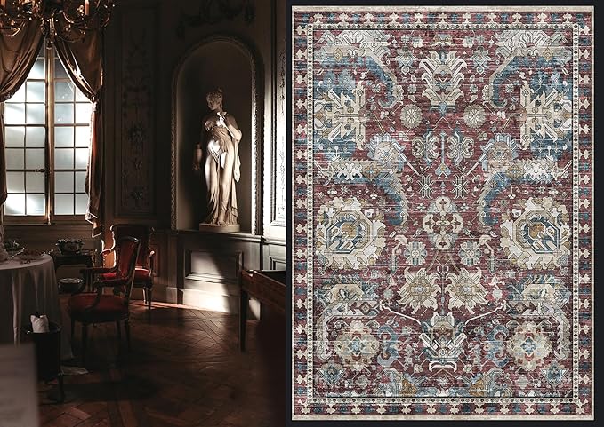 Washable Area Rugs - Perfect for Living Room, Bedroom, Kids Room, Nursery - Stain & Water Resistant Non-Slip, Pet & Child Friendly, Vintage Tribal Area Rugs (Rust and Blue, 3' x 5 ')