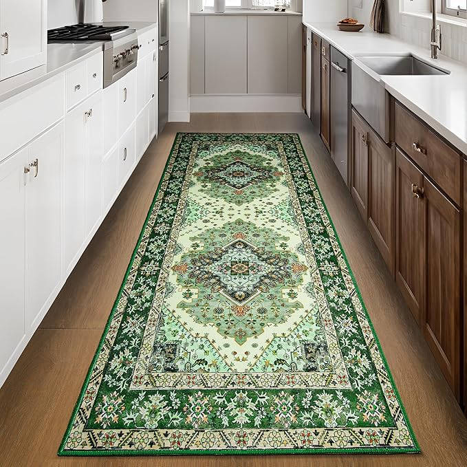 Noahas Green Hallway Runner Rug 2x6,Vintage Machine Washable Kitchen Runner Area Rugs with Rubber Backing Non Slip Print Carpet for Hallways,Entryway,Laundry Room,Bathroom,Home Decor