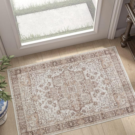 jinchan Washable Area Rug 2x3 Ultra-Thin Soft Vintage Entryway Rug Low Pile Non Slip Distressed Carpet Indoor Doormat Oriental Medallion Small Rug for Kitchen Bathroom Bedroom Laundry Room Taupe Multi