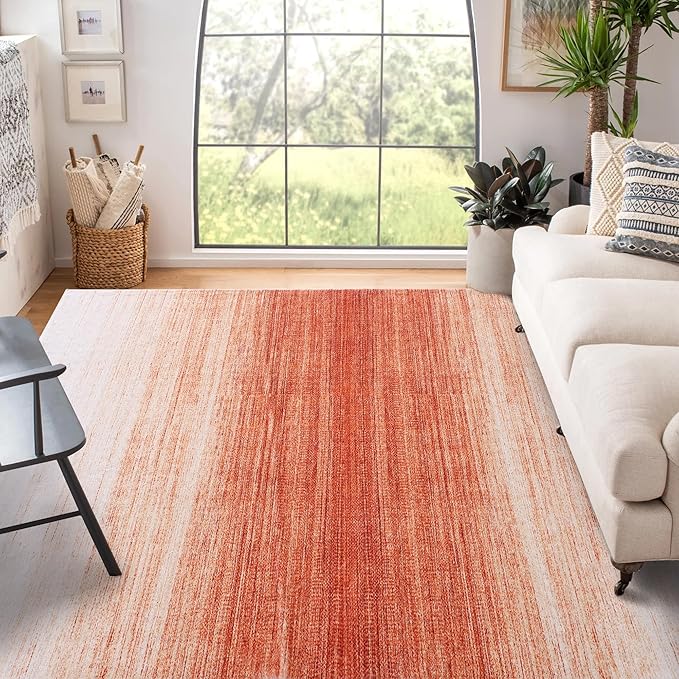 Carvapet Rugs for Living Room, Ombre Orange Low Pile Large Carpet with Rubber Backing, Foldable, Non Slip Machine Washable (10 x 8 Feet Rectangular, Orange Area Rug)