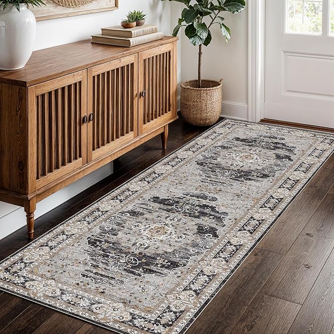 2x5 Runner Rug for Hallway Washable: Non Slip Kitchen Rugs with Rubber Backing Soft Waterproof Mats Stain Resistant Indoor Vintage Carpet Runner for Bedroom Bathroom Laundry Entryway Black/Gray
