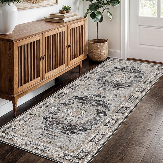 2x5 Runner Rug for Hallway Washable: Non Slip Kitchen Rugs with Rubber Backing Soft Waterproof Mats Stain Resistant Indoor Vintage Carpet Runner for Bedroom Bathroom Laundry Entryway Black/Gray