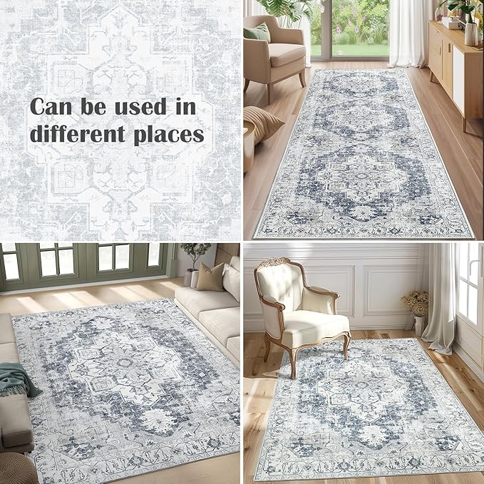 jinchan Runner Rug 3x10 Vintage Hallway Rug Kitchen Washable Runner Retro Floor Cover Lightweight Non-Slip Low Pile Thin Distressed Carpet for Entryway Bathroom Laundry Room Bedroom Stairway Grey
