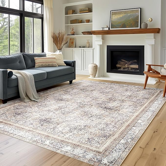 Phantoscope Vintage Collection Area Rug 9'x12' - Washable Rug Boho Rugs Non-Slip for Living Room, Bedroom, Dining Room, Dorm, Indoor Low-Pile Carpet Distressed Accent Rug, Light Brown