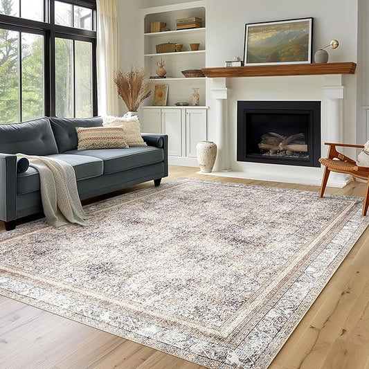 Phantoscope Vintage Collection Area Rug 9'x12' - Washable Rug Boho Rugs Non-Slip for Living Room, Bedroom, Dining Room, Dorm, Indoor Low-Pile Carpet Distressed Accent Rug, Light Brown