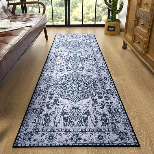 YJ.GWL Area Rug 2x6, Machine Washable Hallway Runner Rug, Boho Floral Vintage Distress Print Pattern Carpet, Low Pile Lightweight Thin Rugs for Entryway, Kitchen and Corridor, Blue/White