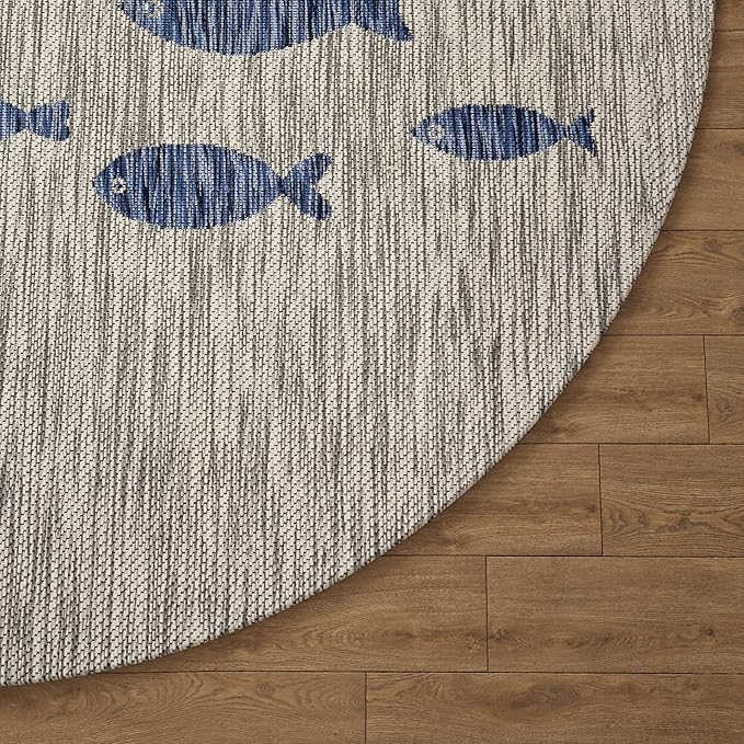 LR Home 5ft Round Indoor/Outdoor Area Rug for Home Decor | Coastal School of Fish Large Size Carpet for Living Room, Bedroom, Playroom, Patio, Garden | Nautical Farmhouse Rug | Gray/Navy