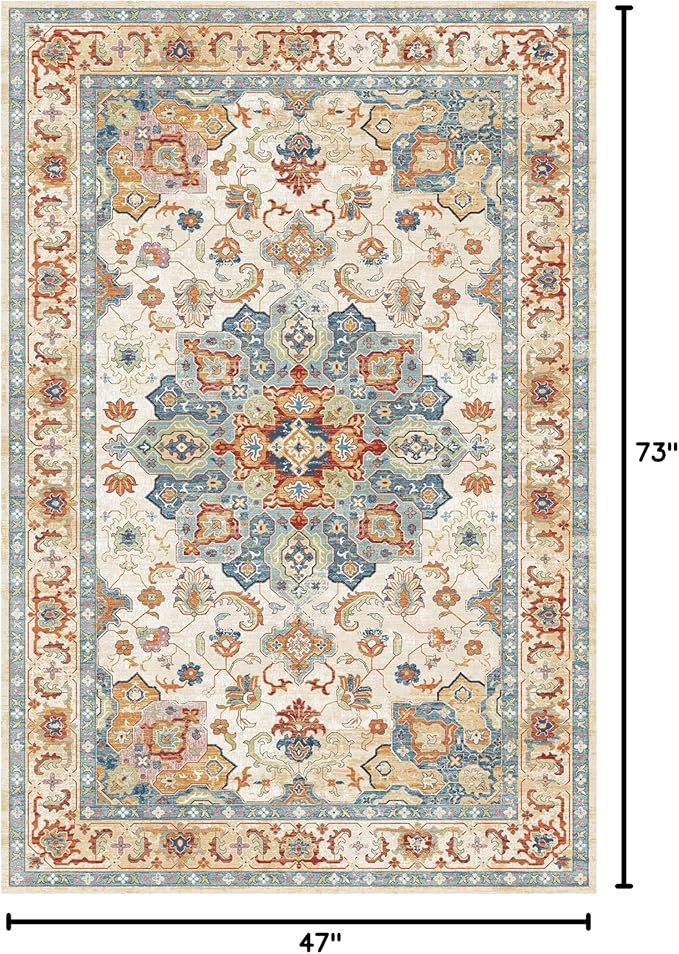 Yancorp 4'x6' Boho Area Rug for Bedroom Non Slip Washable Rug Vintage Carpet Living Room Non-Shedding Hallway Runner Rug Indoor Floor Mats Bedroom Kitchen Entryway Rugs-Rectangular Blue Red