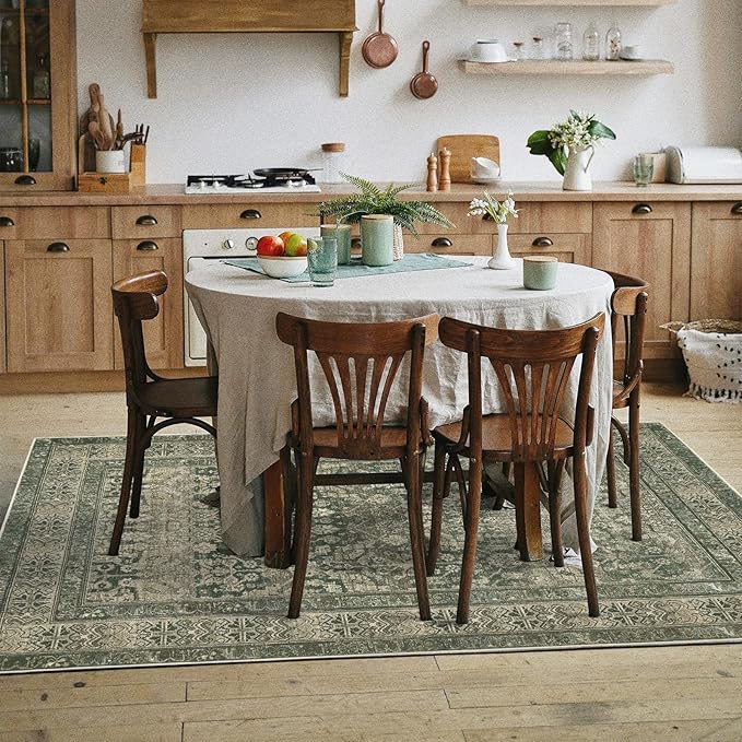 Vintage Washable Area Rug for Living Room,Low Pile 5x7 Non Slip Carpet Non-Shedding Area Rug Soft Indoor Stain Resistant Rug Floral Print Mat for Bedroom Dining Room Green
