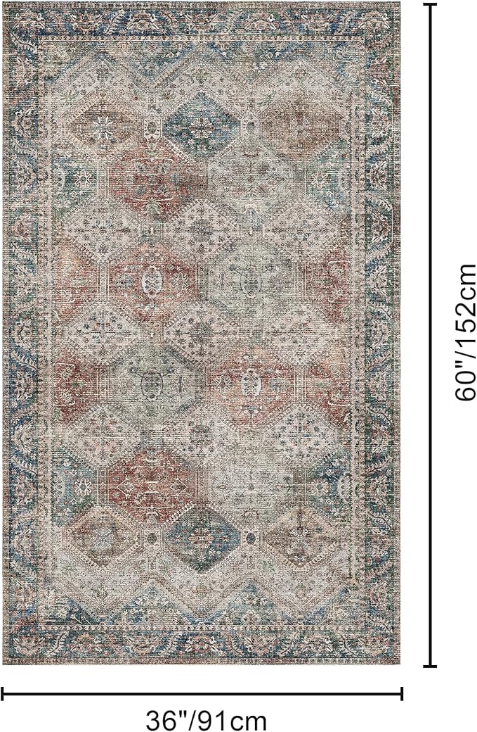 Bavni 3x5 Area Rugs for Living Room, Machine Washable Rug Non Slip, Vintage Chenille Distressed Print Carpet, Large Low Pile Ultra-Thin Lightweight Rugs for Bedroom, Dining Room, Home, Office, Red