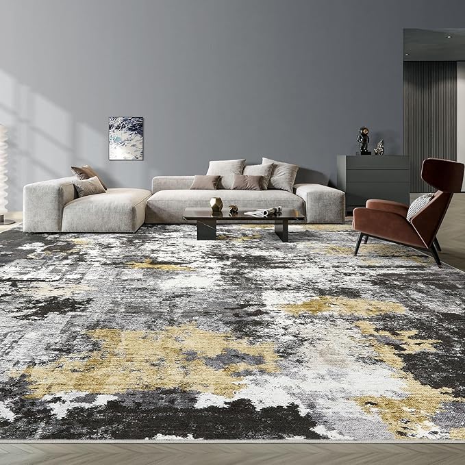Washable Rug 8x10 Area Rugs for Living Room: Modern Abstract Neutral Soft Large Rug for Bedroom Dining Room Under Kitchen Table Home Office Decor - Black Gold
