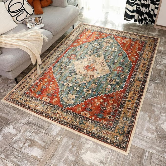 Yancorp 4'x6' Boho Area Rug for Bedroom Non Slip Washable Rug Vintage Carpet Living Room Non-Shedding Hallway Runner Rug Indoor Floor Mats Bedroom Kitchen Entryway Rugs-Rectangle Red