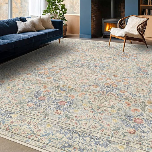 Vintage Washable Beige Blue 10x14 Rug for Living Room - Extra Large Area Rug for Dining Room Under Table, Soft Low Pile Carpet for Bedroom - Vintage Floral Design Non-Slip (10x14 Beige Blue)