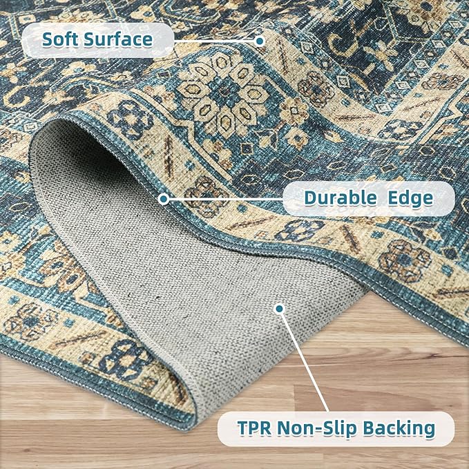 Dripex 6x9 Area Rugs, Machine Washable Non Slip Distressed Boho Rugs, Area Rug for Living Room, No Pile Lightweight Vintage Rug, Soft Accent Carpet for Dining Room,Bedroom,Navy Blue