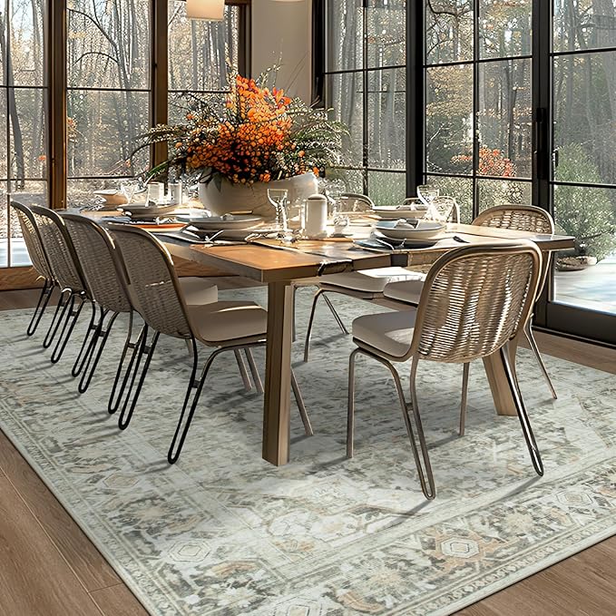 Washable Rugs 8x10 Area Rugs, Soft Vintage Living Room Rug with Anti-Skid Backing Stain Resistant Thin Indoor Carpet Large Area Rug for Bedroom Under Dining Room Table Nursery Entryway-Brown/Green