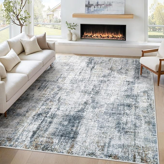 Washable Area Rug 6x9 for Living Room: Abstract Large Rugs Neutral Modern Carpet with Non Slip Backing for Bedroom Dining Room Office (Multi Blue, 6'x9')