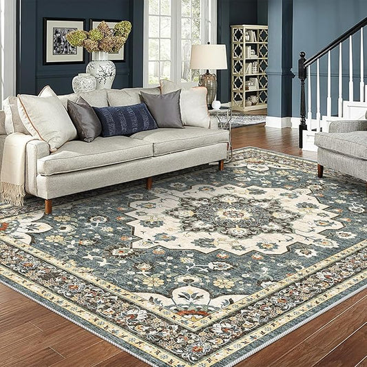 Washable Oriental Area Rug - 8x10 Rugs for Living Room Soft Carpet for Bedroom Waterproof Floral Distressed Indoor Stain Resistant Non-Shedding Floor Carpets (Blue, 8x10)